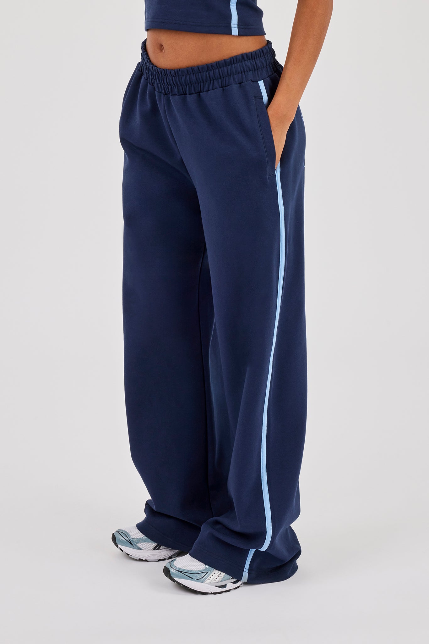 Cracked Print Panelled Wide Leg Jogger - Navy Blue